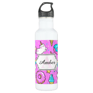 Garrafa gatinho e unicórnio engraçados da gliteira rosa 