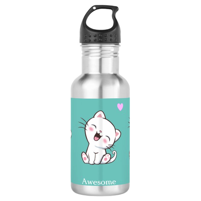 Garrafa Gatinho Fofo & Coração em Azul Turquesa (Frente)