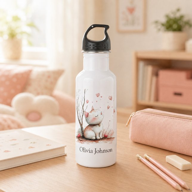 Garrafa Gatinho Fofo Personalizado com Corações (Personalized Cute Kitten with Hearts Stainless Steel Water Bottle)