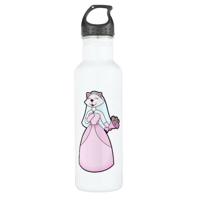 Garrafa Gato como noiva com bando de flores (Frente)