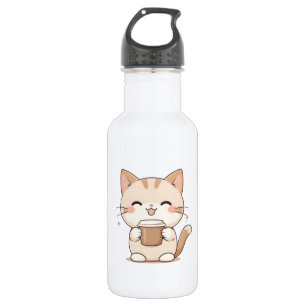 Garrafa Gato Fofo Bebendo Café Design Kawaii