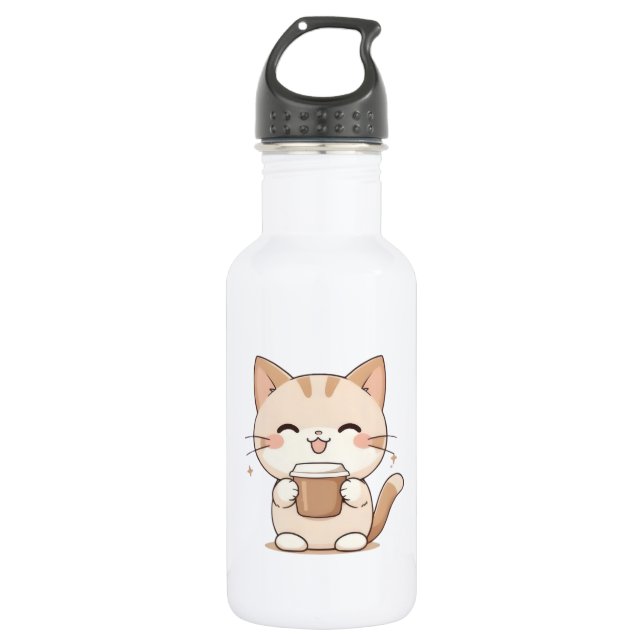 Garrafa Gato Fofo Bebendo Café Design Kawaii (Frente)