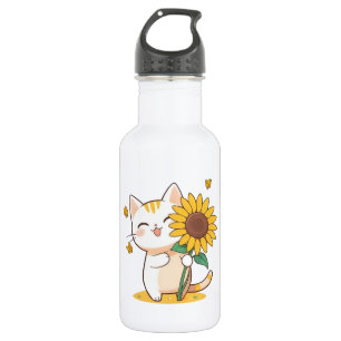 Garrafa Gato Fofo com Design Kawaii de Girassol