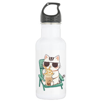 Garrafa Gato Kawaii Chibi de Óculos de Sol Bebendo Frappè