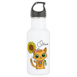 Garrafa Gato Kawaii, Cute Personalizado, Segurando Flor