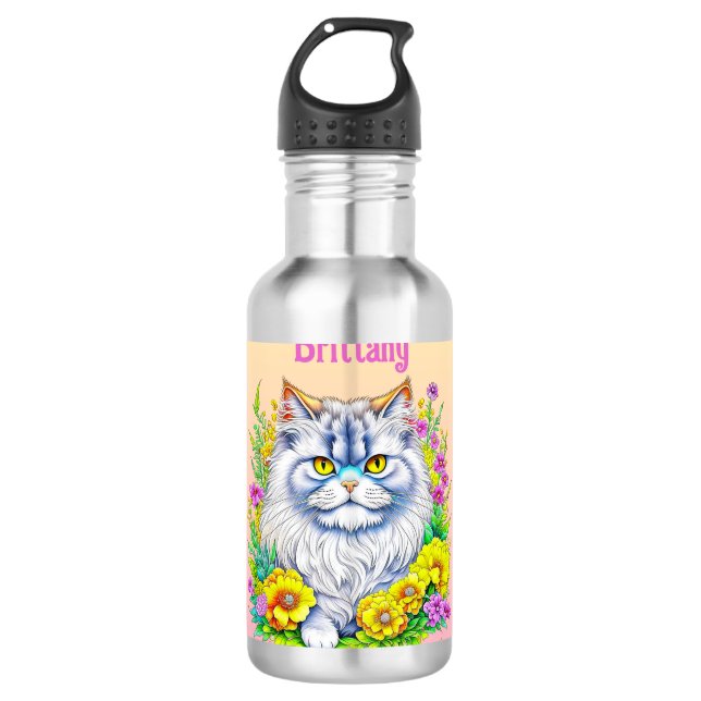 Garrafa Gato Persa Branco em Flores Personalizado (Frente)