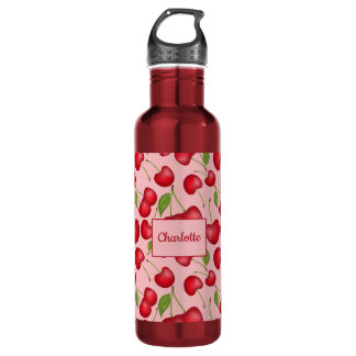 Garrafa Girly Cherries padrão rosa com nome personalizado