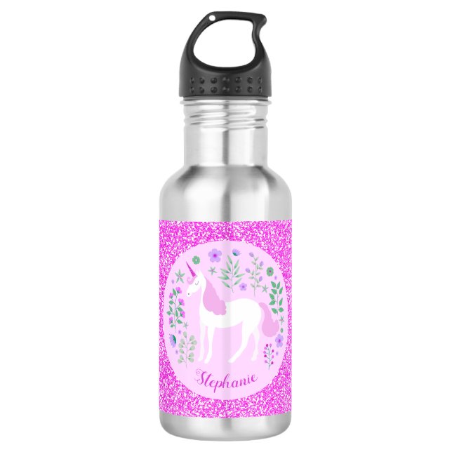 Garrafa Glitter Unicórnio Rosa Personalizado (Frente)