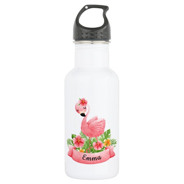 Garrafa Gourde Flamant Rose Fleurs Personnalisée Enfant (Frente)