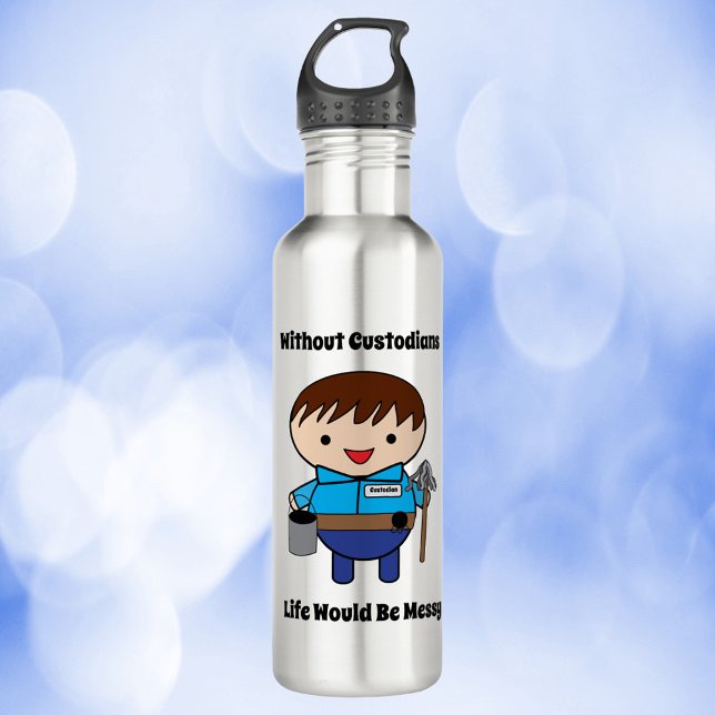 Garrafa Guardião de custódia Engraçado Vida Engraçado (A water bottle with a kawaii male custodian & the text, Without Custodians Life Would Be Messy)