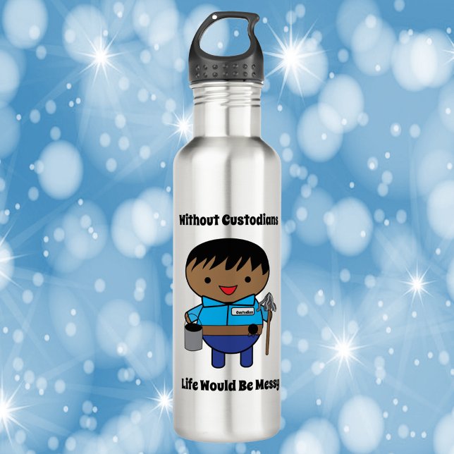 Garrafa Guardião de custódia Vida negro (A water bottle with a black male custodian and the text "Without custodians life would be messy".)