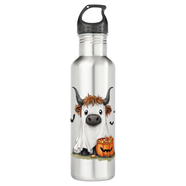 Garrafa Halloween Ghost Highland Cow PNG (Frente)