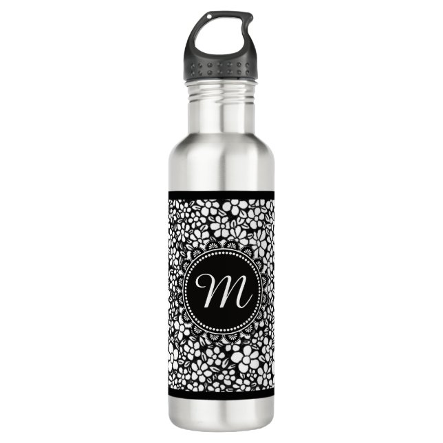 Garrafa Hand Drawn Black and White Flower Pattern Monogram (Frente)