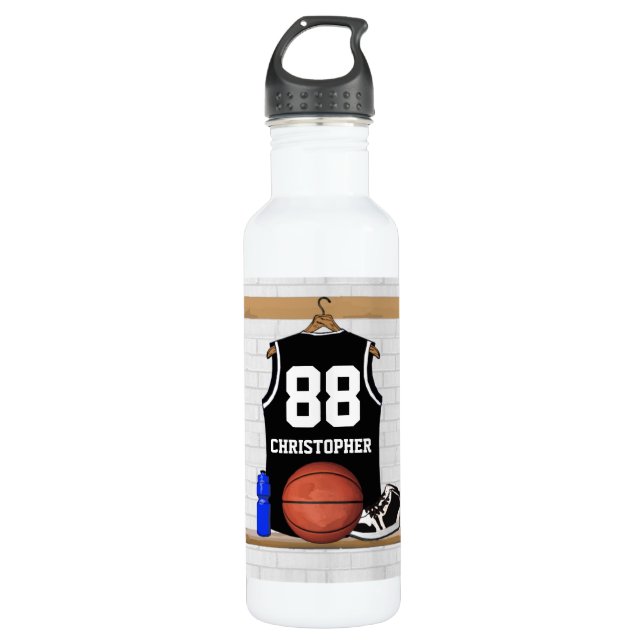 Garrafa Jérsei preto e branco personalizado do basquetebol (Frente)