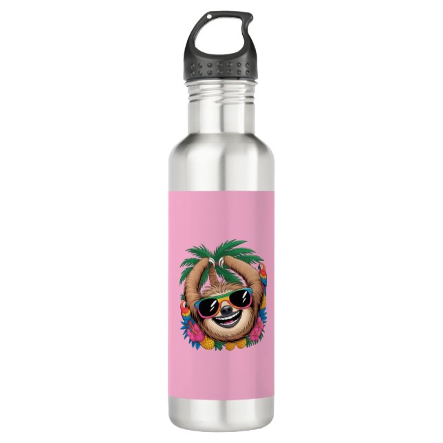 Garrafa Kawaii Tropical Sloth – Cute Summer Vibes Rainbow  (Frente)