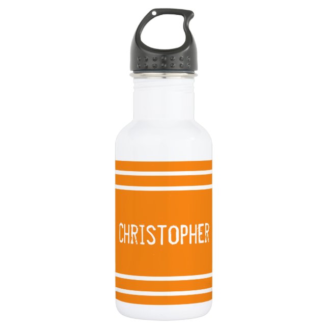 Garrafa Laranja e branco com nome e listras (Frente)