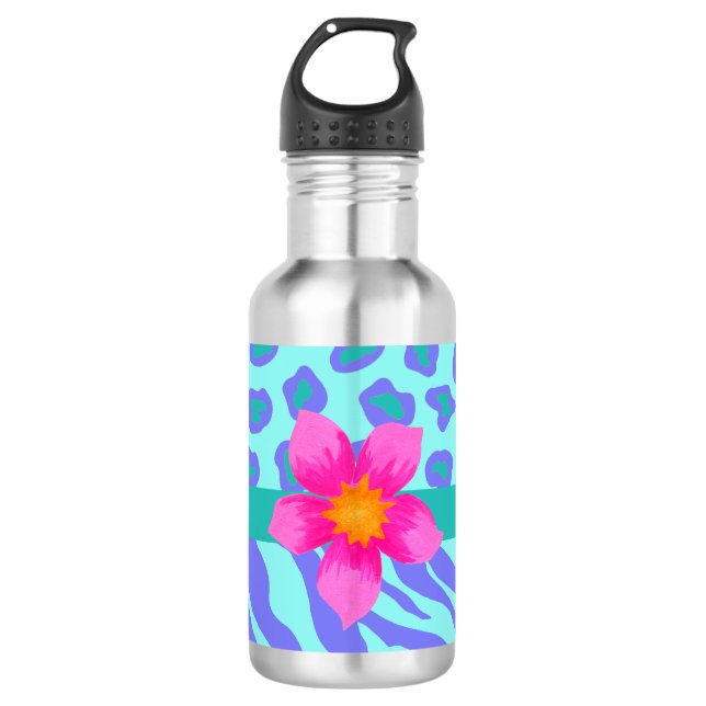 Garrafa Lavanda e Turquesa Zebra e Chita Flor Rosa (Frente)