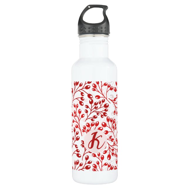Garrafa Leafy Red Pattern Modern Elegant Monogrammed (Frente)