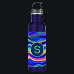 Garrafa Legal Abstrato Espesso Azul Monograma<br><div class="desc">Garrafa de água personalizada listrada colorida em azul e verde.</div>
