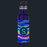 Garrafa Legal Abstrato Espesso Azul Monograma<br><div class="desc">Garrafa de água personalizada listrada colorida em azul e verde.</div>