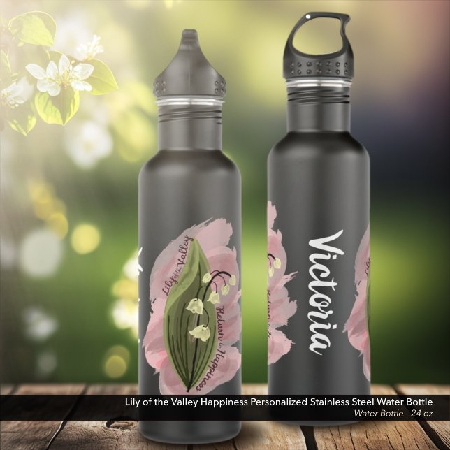 Garrafa Lily da Felicidade do Vale Personalizada (Lily of the Valley Happiness Personalized Stainless Steel Water Bottle - Black)
