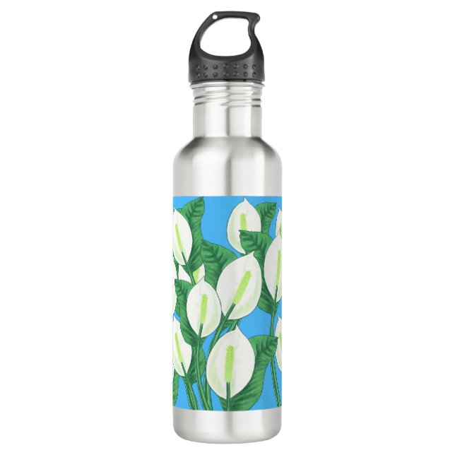 Garrafa Lírios de paz brancos em fundo azul pálido (Frente)
