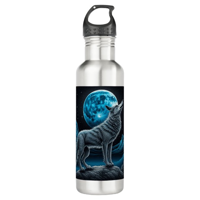 Garrafa Lobo Solitário e Lua Cheia Preto e Azul (Frente)