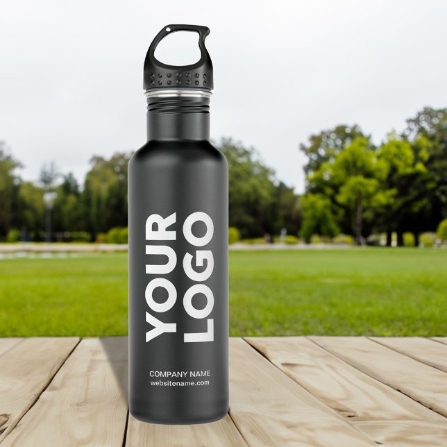Garrafa Logotipo e texto personalizados em preto (Custom Logo and Text on Black Stainless Steel Water Bottle, in situ)