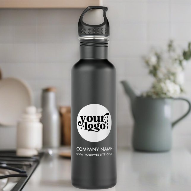 Garrafa Logotipo personalizado e texto preto (Custom Logo and Text Black Stainless Steel Water Bottle)