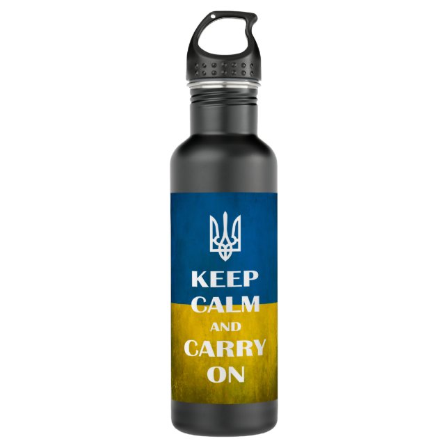 Garrafa Mantenha a calma e o carregar no tridente de emble (Frente)