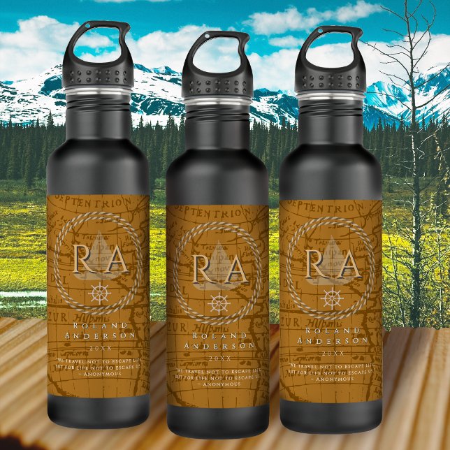 Garrafa Mapa Monograma de Corda Náutica Marrom (Nautical Map Monogram Traveller Brown Stainless Steel Water Bottle.)
