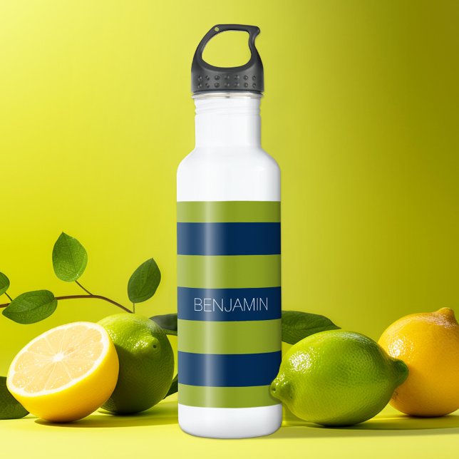 Garrafa Marinho Azul e Verde limão Râguebi - Riscas Nome P (Personalized water bottle - sports design)