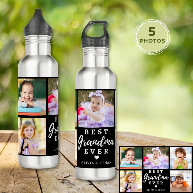 Garrafa Melhor Avó Alguma Vez Netos 5 Colagem de Fotos Pre (Best Grandma Ever Grandkids 5 Photo Collage Black Stainless Steel Water Bottle
)