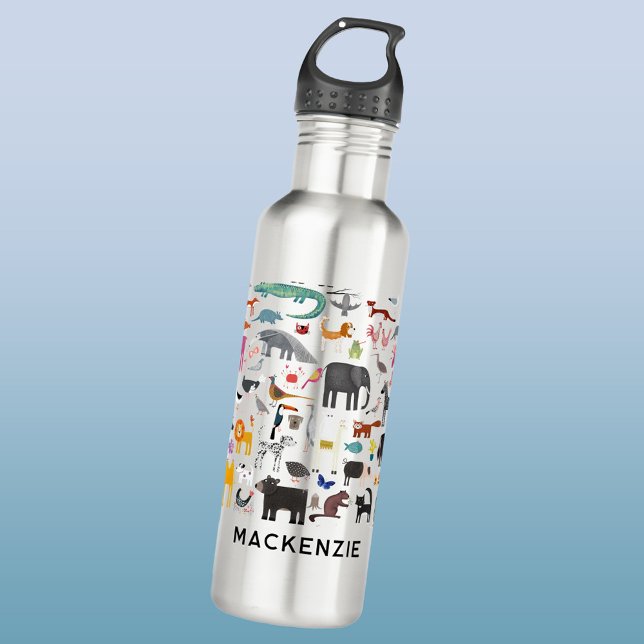 Garrafa Menagerie animal personalizada (Fun animal menagerie with wild, safari, zoo, pet animals and birds pattern personalized water bottle)