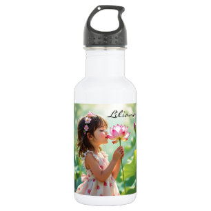 Garrafa Menina Cheirando uma Rosa Rosa Personalizada
