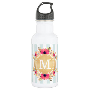 Garrafa Mint Stripes Aquarela Flores Falso Monograma Doura