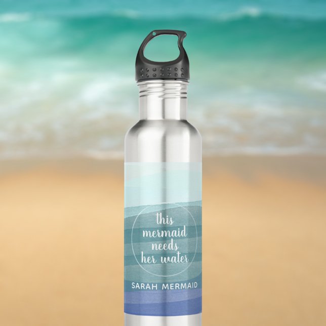 Garrafa Modern Watercolor Mermaid Name Quote (Add your own quote and name to this watercolor waves water bottle. Keep hydrated!)