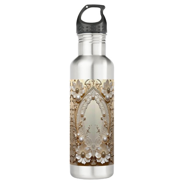 Garrafa Modern White Flowers Pearls Water Bottle (Frente)