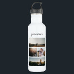 Garrafa Moderno de Colagem de Fotos Simples<br><div class="desc">Garrafa de água moderna com um design preto e branco simples e mínimo com uma colagem fotográfica de quatro de suas fotos favoritas junto com seu nome em um roteiro elegante.</div>