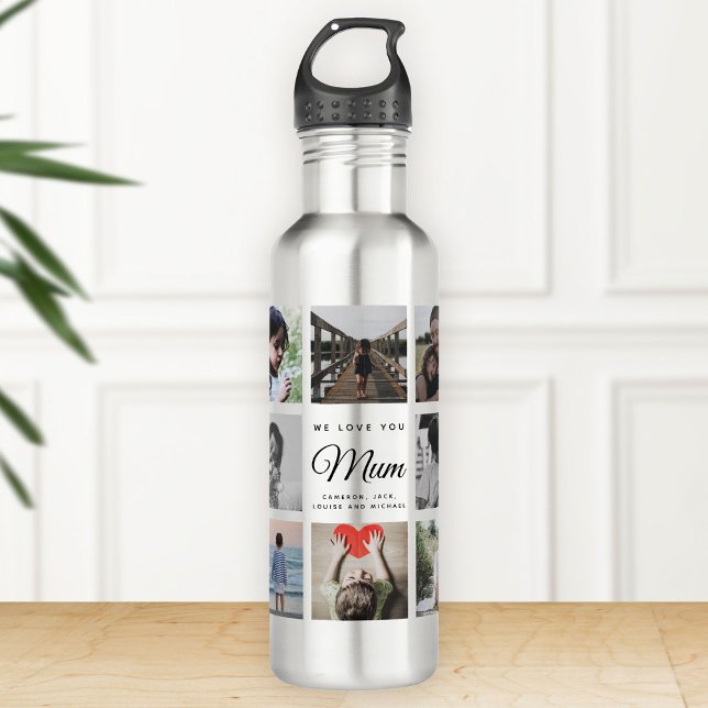 Garrafa Moderno NÓS AMAMOS VOCÊ MÃE Colagem de Fotos Legal (Silver water bottle on a wooden surface featuring family photos and the text "We love you Mum")