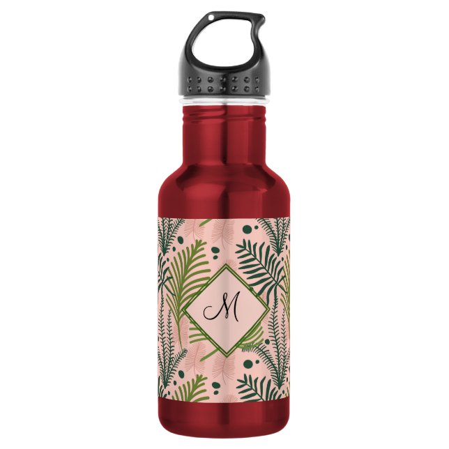 Garrafa Monograma Botânico Floral Rosa Tropical Elegante (Frente)