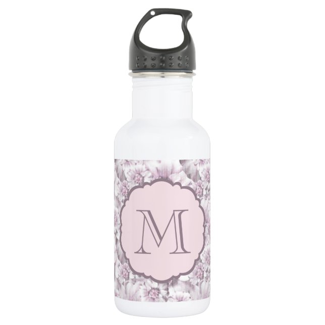 Garrafa Monograma Chic com Padrão Floral Cinza e Rosa (Frente)