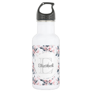 Garrafa Monograma com padrão floral rosa e cinza em aquare