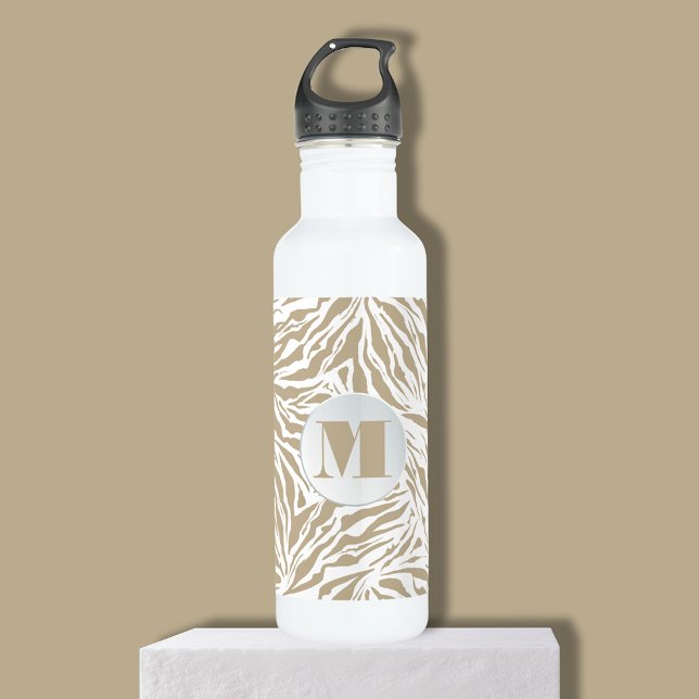 Garrafa Monograma de impressão Chic Beige Zebra (Chic beige zebra print monogram white stainless steel water bottle)