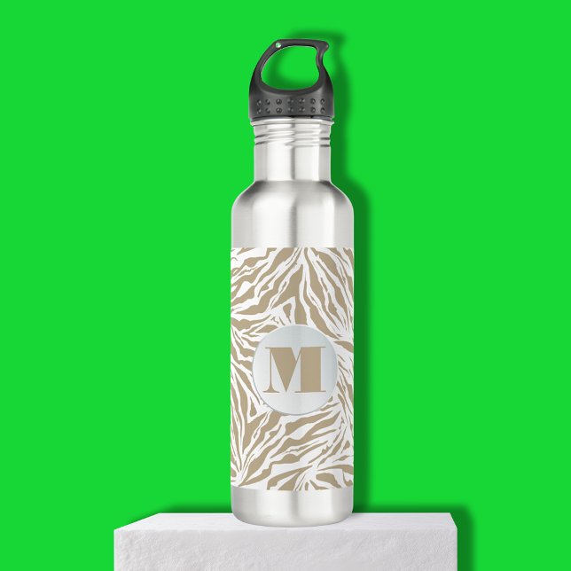 Garrafa Monograma de Impressão em Animais de Beige Chic (Chic beige animal print monogram stainless steel water bottle)