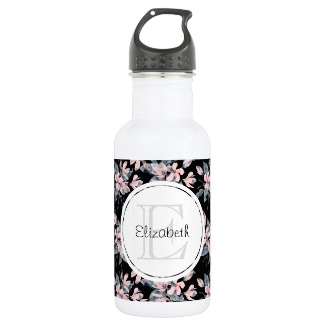 Garrafa Monograma de Padrão Flor de Aquarela Rosa e Cinza (Frente)