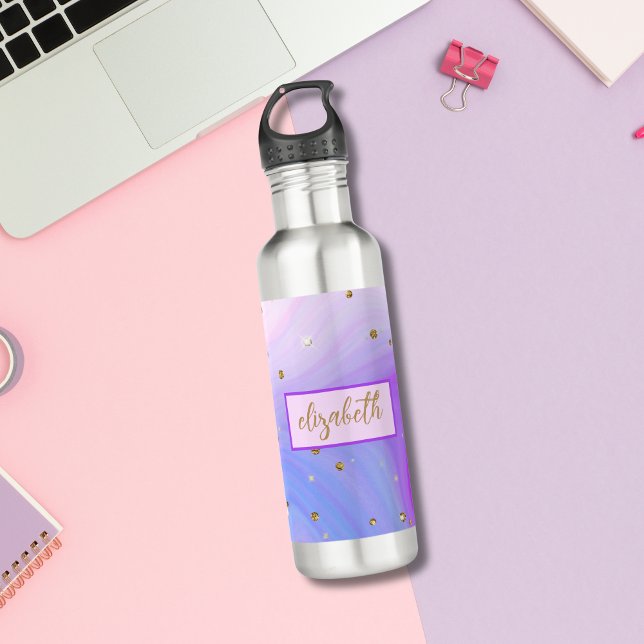 Garrafa Monograma Dourado, azul-roxo, cor-de-rosa, (Monogrammed name blue purple pink marble swirl gold glitter water bottle for her)