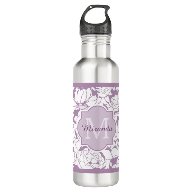 Garrafa Monograma feminino floral roxo moderno com nome (Frente)