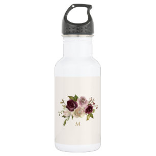 Garrafa Monograma Floral de Aquarela Rosa Borgonha Moderna