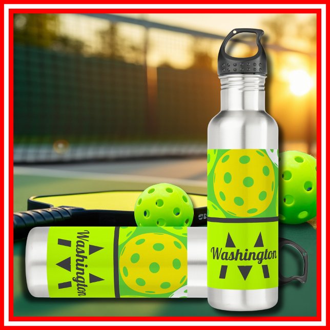Garrafa Monograma Moderno Legal de Pickleball Verde (Green Pickleball Cool Modern Monogrammed Stainless Steel Water Bottle)